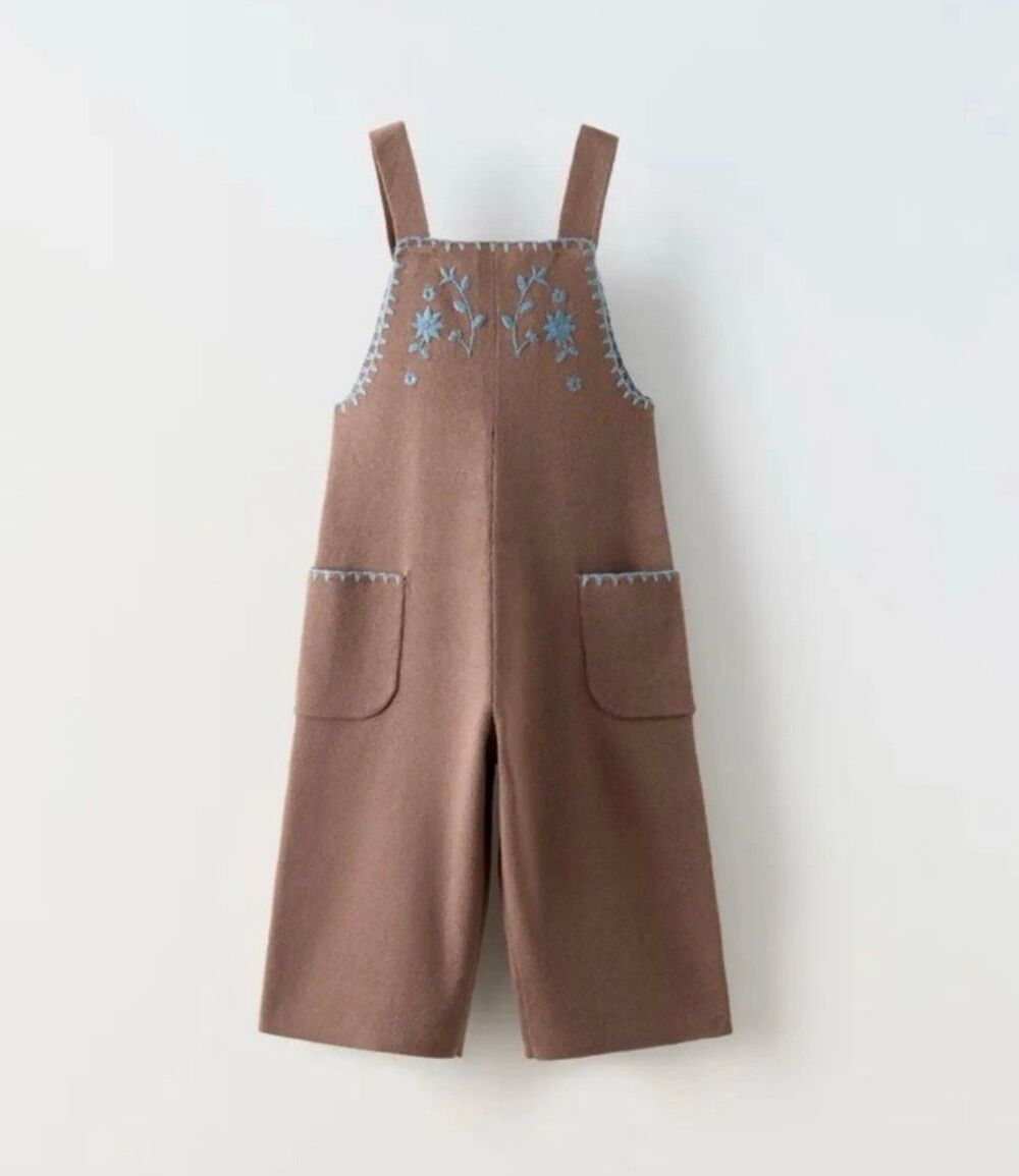 Zara Baby Cottagecore Brown Blue Floral Embroidered Knit Overalls Sz 18M